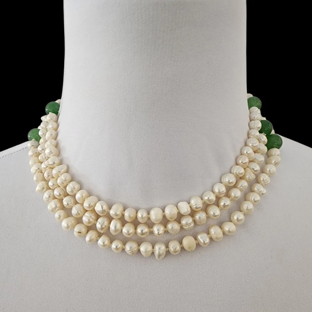 Extra long pearl necklace with green apple quartz hand knotted pearls L511 -Q5